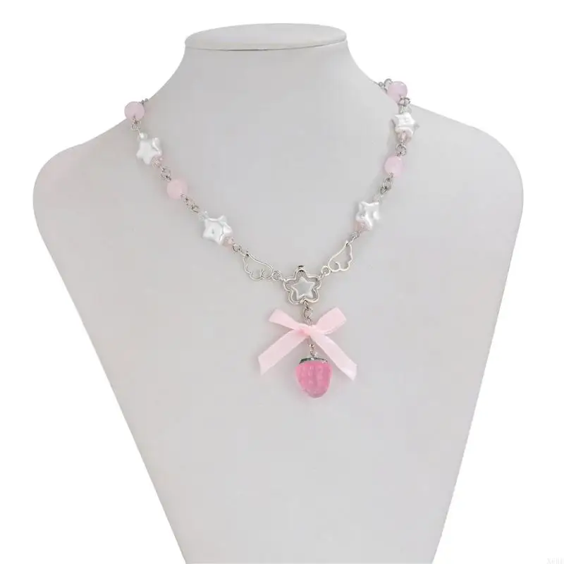 2025 New Cute White Pentagram Pink Bowknot Strawberry Pendant Choker Necklace Goth Vintage Y2K Girls Sweet Jewelry Accessories 2025 New Cute White Pentagram Pink Bowknot Strawberry Pendant Choker Necklace Goth Vintage Y2K Girls Sweet Jewelry Accessories