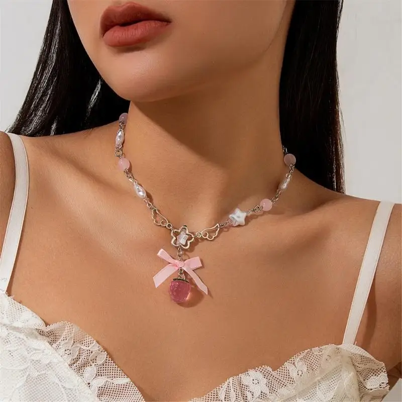 2025 New Cute White Pentagram Pink Bowknot Strawberry Pendant Choker Necklace Goth Vintage Y2K Girls Sweet Jewelry Accessories 2025 New Cute White Pentagram Pink Bowknot Strawberry Pendant Choker Necklace Goth Vintage Y2K Girls Sweet Jewelry Accessories