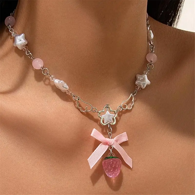 2025 New Cute White Pentagram Pink Bowknot Strawberry Pendant Choker Necklace Goth Vintage Y2K Girls Sweet Jewelry Accessories 2025 New Cute White Pentagram Pink Bowknot Strawberry Pendant Choker Necklace Goth Vintage Y2K Girls Sweet Jewelry Accessories