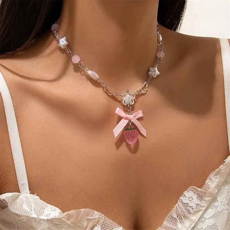 2025 New Cute White Pentagram Pink Bowknot Strawberry Pendant Choker Necklace Goth Vintage Y2K Girls Sweet Jewelry Accessories 2025 New Cute White Pentagram Pink Bowknot Strawberry Pendant Choker Necklace Goth Vintage Y2K Girls Sweet Jewelry Accessories