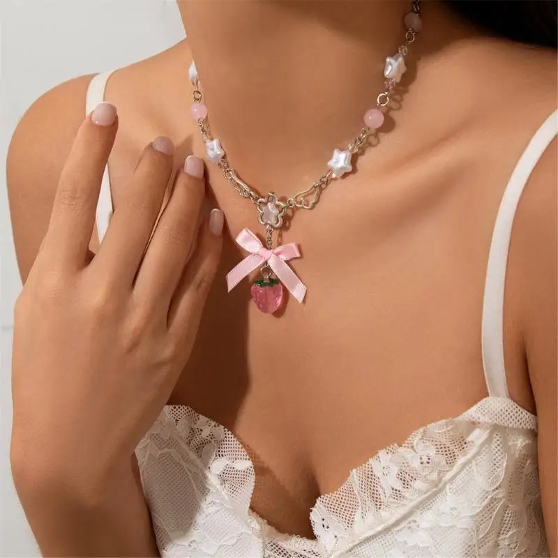 2025 New Cute White Pentagram Pink Bowknot Strawberry Pendant Choker Necklace Goth Vintage Y2K Girls Sweet Jewelry Accessories 2025 New Cute White Pentagram Pink Bowknot Strawberry Pendant Choker Necklace Goth Vintage Y2K Girls Sweet Jewelry Accessories