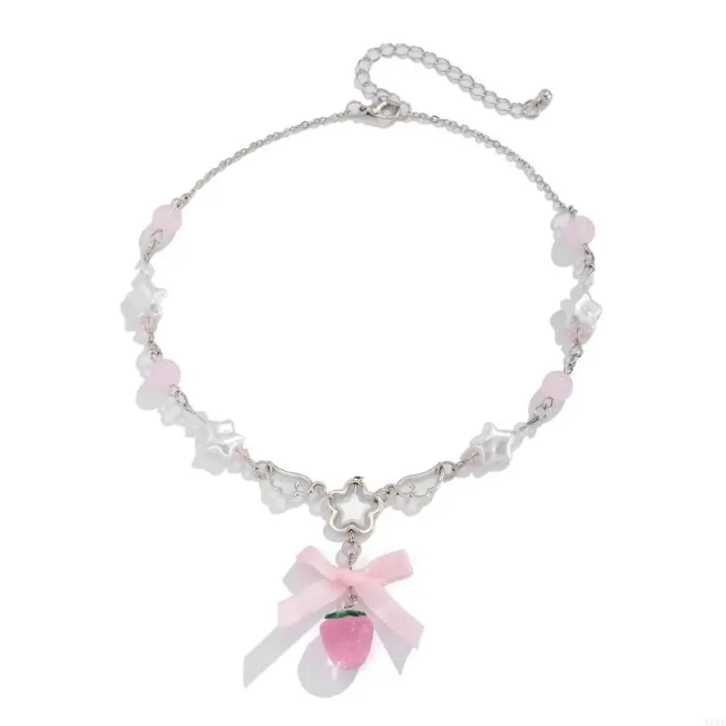 2025 New Cute White Pentagram Pink Bowknot Strawberry Pendant Choker Necklace Goth Vintage Y2K Girls Sweet Jewelry Accessories 2025 New Cute White Pentagram Pink Bowknot Strawberry Pendant Choker Necklace Goth Vintage Y2K Girls Sweet Jewelry Accessories