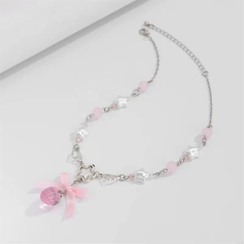 2025 New Cute White Pentagram Pink Bowknot Strawberry Pendant Choker Necklace Goth Vintage Y2K Girls Sweet Jewelry Accessories 2025 New Cute White Pentagram Pink Bowknot Strawberry Pendant Choker Necklace Goth Vintage Y2K Girls Sweet Jewelry Accessories