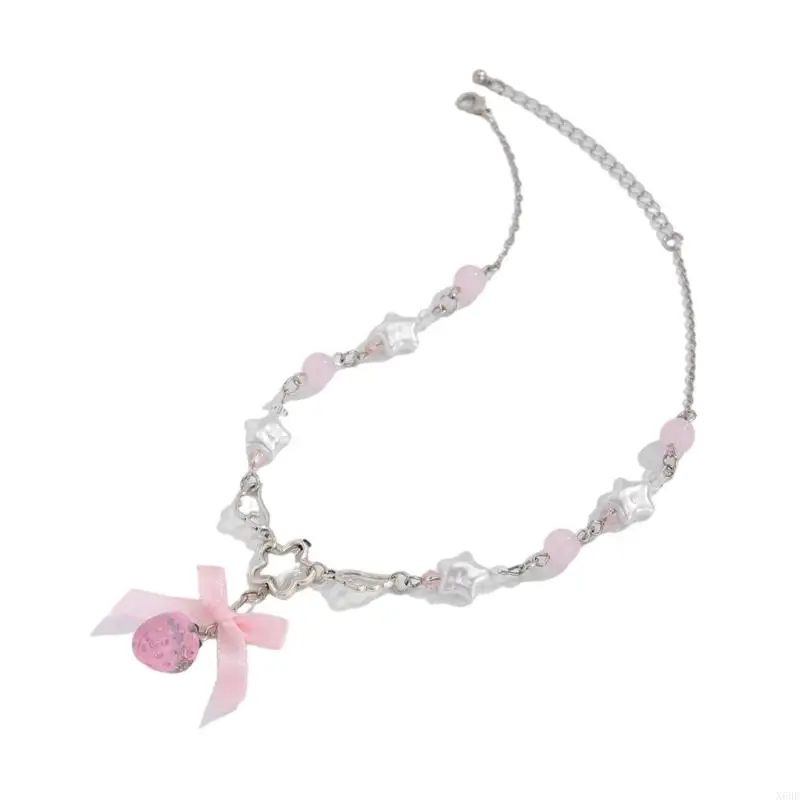 2025 New Cute White Pentagram Pink Bowknot Strawberry Pendant Choker Necklace Goth Vintage Y2K Girls Sweet Jewelry Accessories
