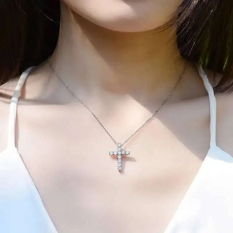 Full Moissanite Cross Pendant Original Sterg Sliver Chain Plated White Gold Fine Necklace For Women Jewelry Full Moissanite Cross Pendant Original Sterg Sliver Chain Plated White Gold Fine Necklace For Women Jewelry