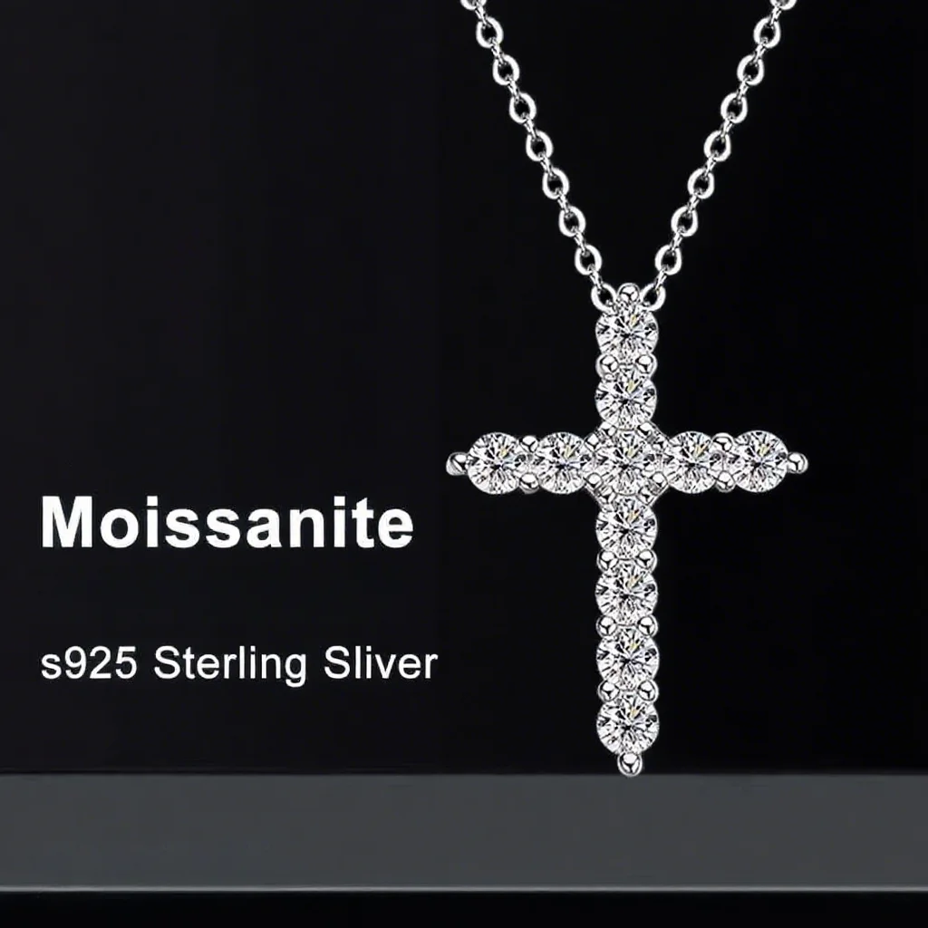 Full Moissanite Cross Pendant Original Sterg Sliver Chain Plated White Gold Fine Necklace For Women Jewelry Full Moissanite Cross Pendant Original Sterg Sliver Chain Plated White Gold Fine Necklace For Women Jewelry