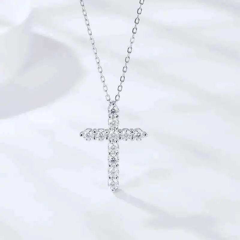 Full Moissanite Cross Pendant Original Sterg Sliver Chain Plated White Gold Fine Necklace For Women Jewelry Full Moissanite Cross Pendant Original Sterg Sliver Chain Plated White Gold Fine Necklace For Women Jewelry
