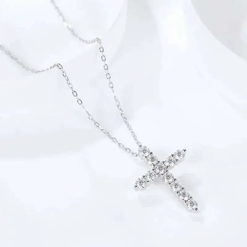 Full Moissanite Cross Pendant Original Sterg Sliver Chain Plated White Gold Fine Necklace For Women Jewelry Full Moissanite Cross Pendant Original Sterg Sliver Chain Plated White Gold Fine Necklace For Women Jewelry