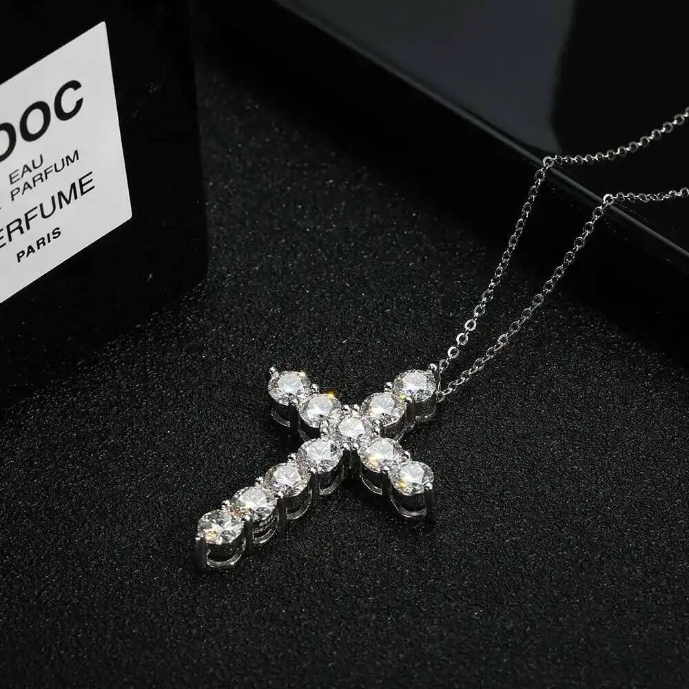 Full Moissanite Cross Pendant Original Sterg Sliver Chain Plated White Gold Fine Necklace For Women Jewelry Full Moissanite Cross Pendant Original Sterg Sliver Chain Plated White Gold Fine Necklace For Women Jewelry