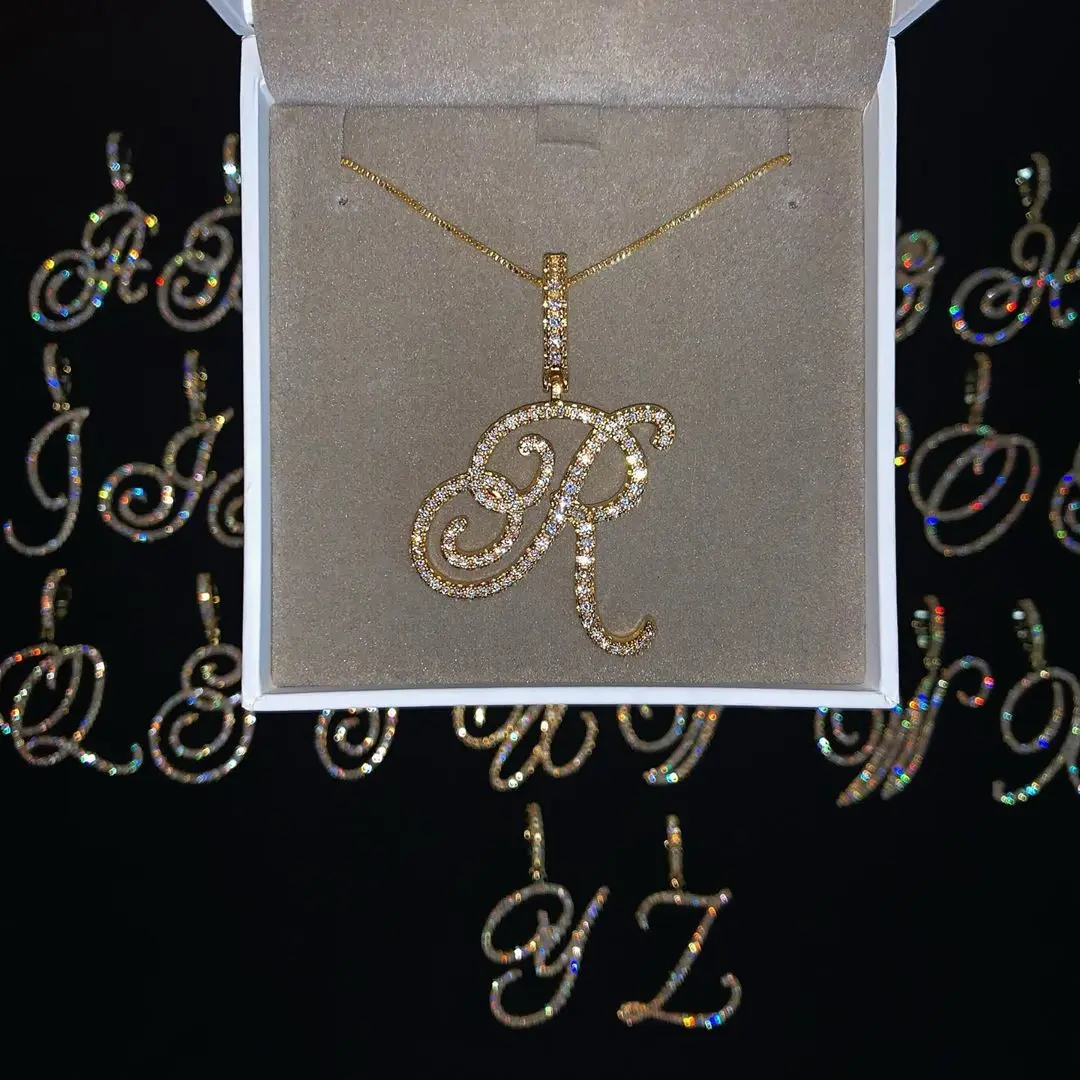 Cursive 26 Initial Letter Pendant Necklace Micro Pave 5A Cubic Zirconia CZ Alphabet Name Jewelry Cursive 26 Initial Letter Pendant Necklace Micro Pave 5A Cubic Zirconia CZ Alphabet Name Jewelry