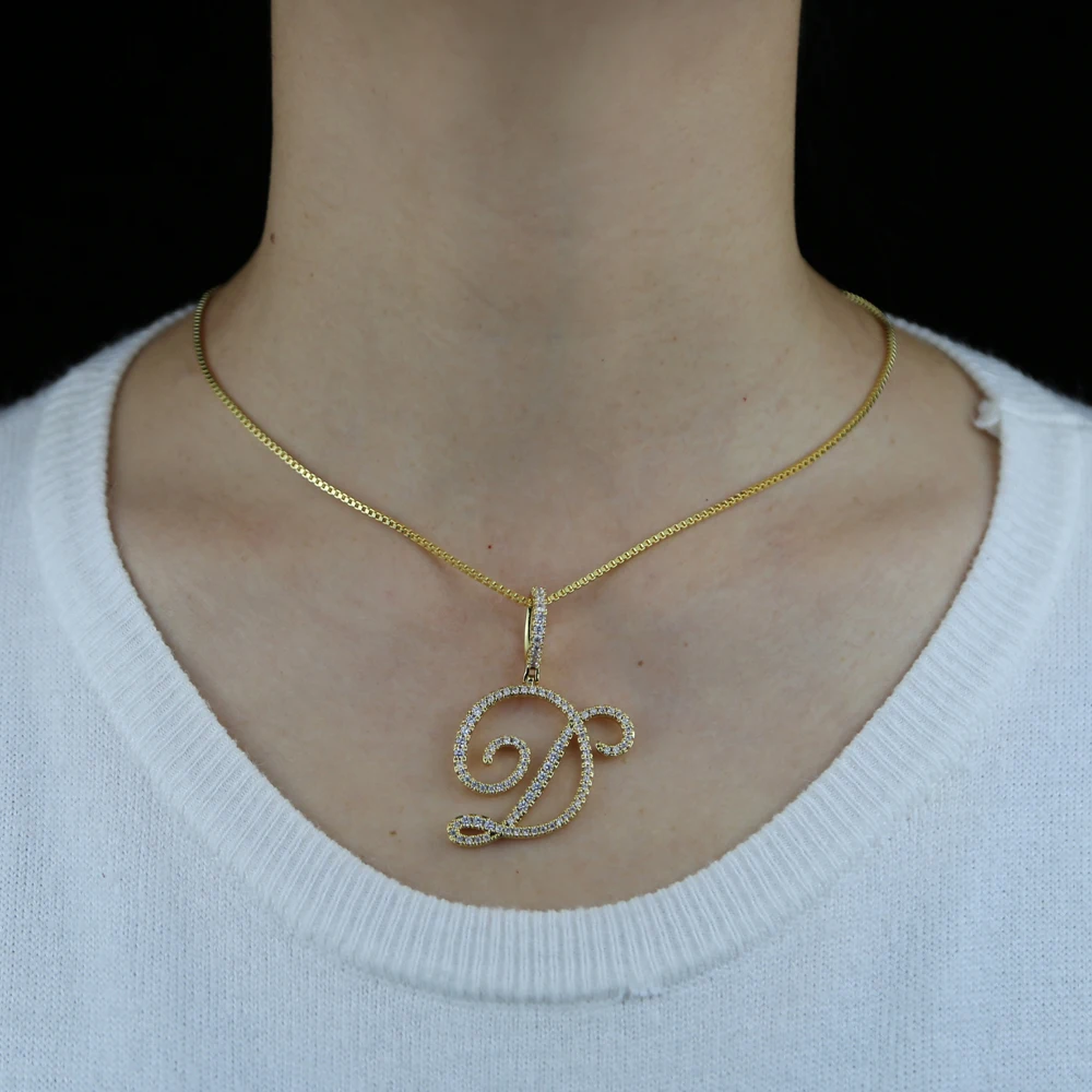 Cursive 26 Initial Letter Pendant Necklace Micro Pave 5A Cubic Zirconia CZ Alphabet Name Jewelry Cursive 26 Initial Letter Pendant Necklace Micro Pave 5A Cubic Zirconia CZ Alphabet Name Jewelry