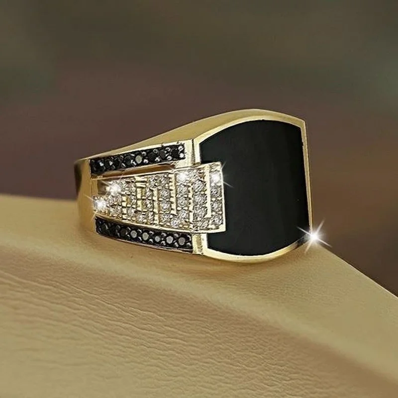 Classic Men’s Ring Fashion Metal Gold Color Inlaid Black Stone Zircon Punk Rings for Men Engagement Wedding Luxury Jewelry Classic Men's Ring Fashion Metal Gold Color Inlaid Black Stone Zircon Punk Rings for Men Engagement Wedding Luxury Jewelry