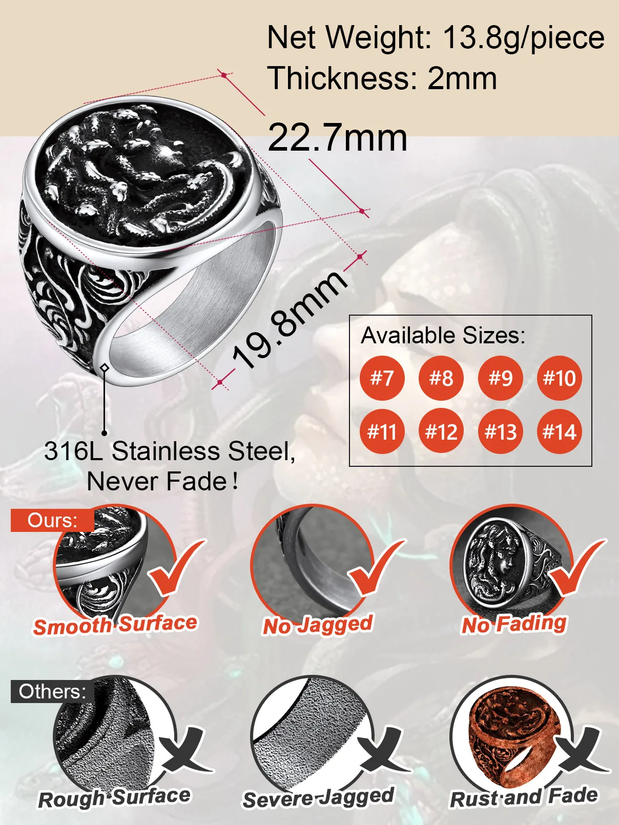 U7 Snake Rings for Man Woman 316L Stainless Steel Medusa Ouroboros Serpent Snake Bones Size 7-14 Gothic Ring Jewelry Gift Choice