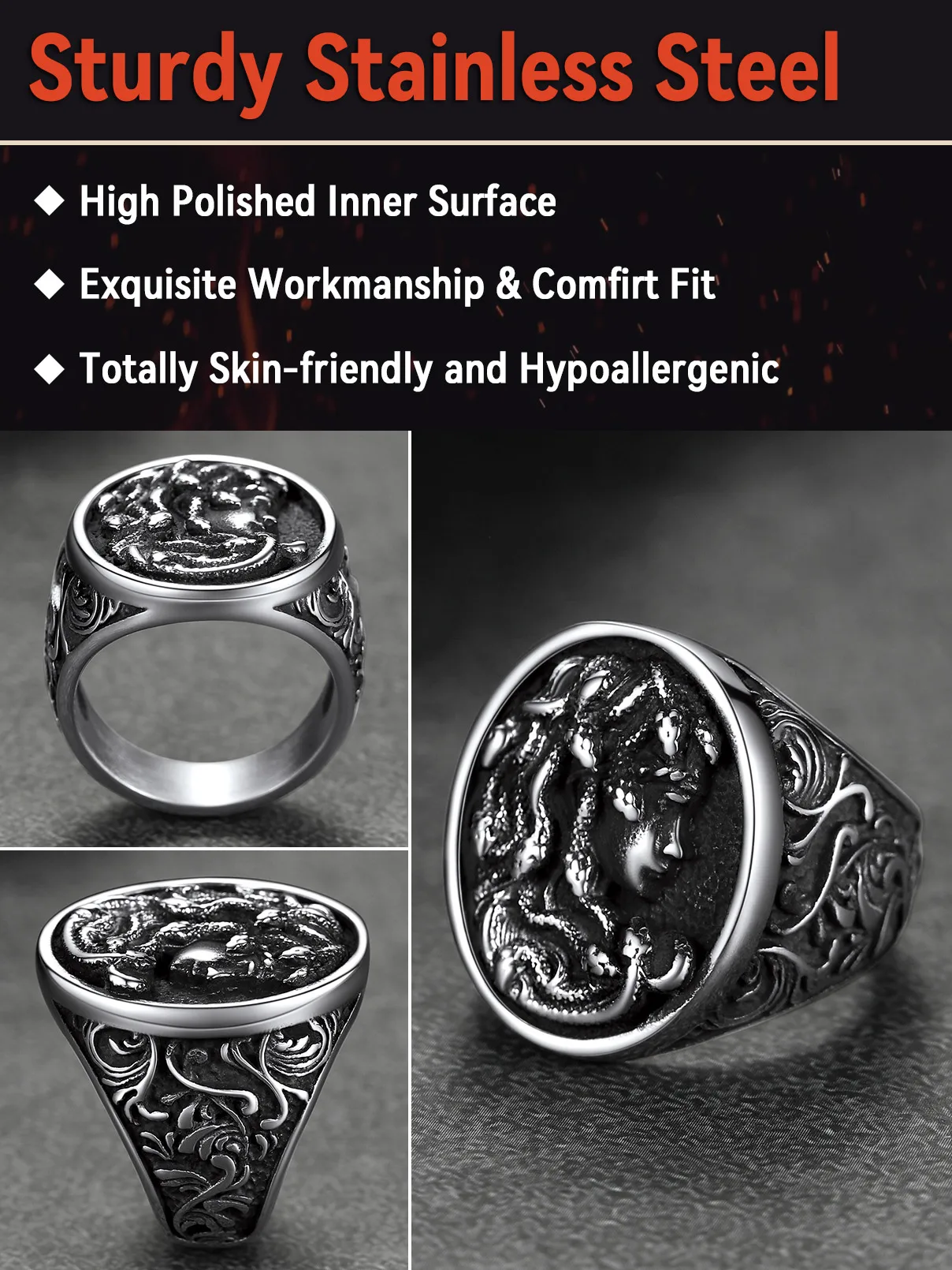 U7 Snake Rings for Man Woman 316L Stainless Steel Medusa Ouroboros Serpent Snake Bones Size 7-14 Gothic Ring Jewelry Gift Choice