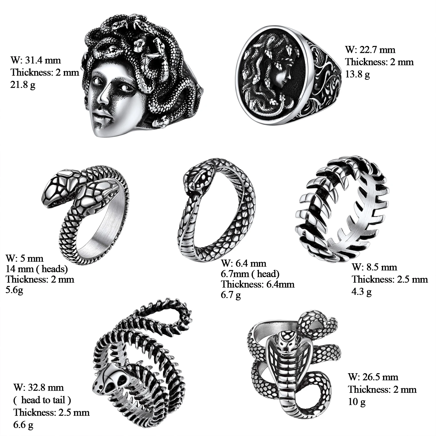 U7 Snake Rings for Man Woman 316L Stainless Steel Medusa Ouroboros Serpent Snake Bones Size 7-14 Gothic Ring Jewelry Gift Choice