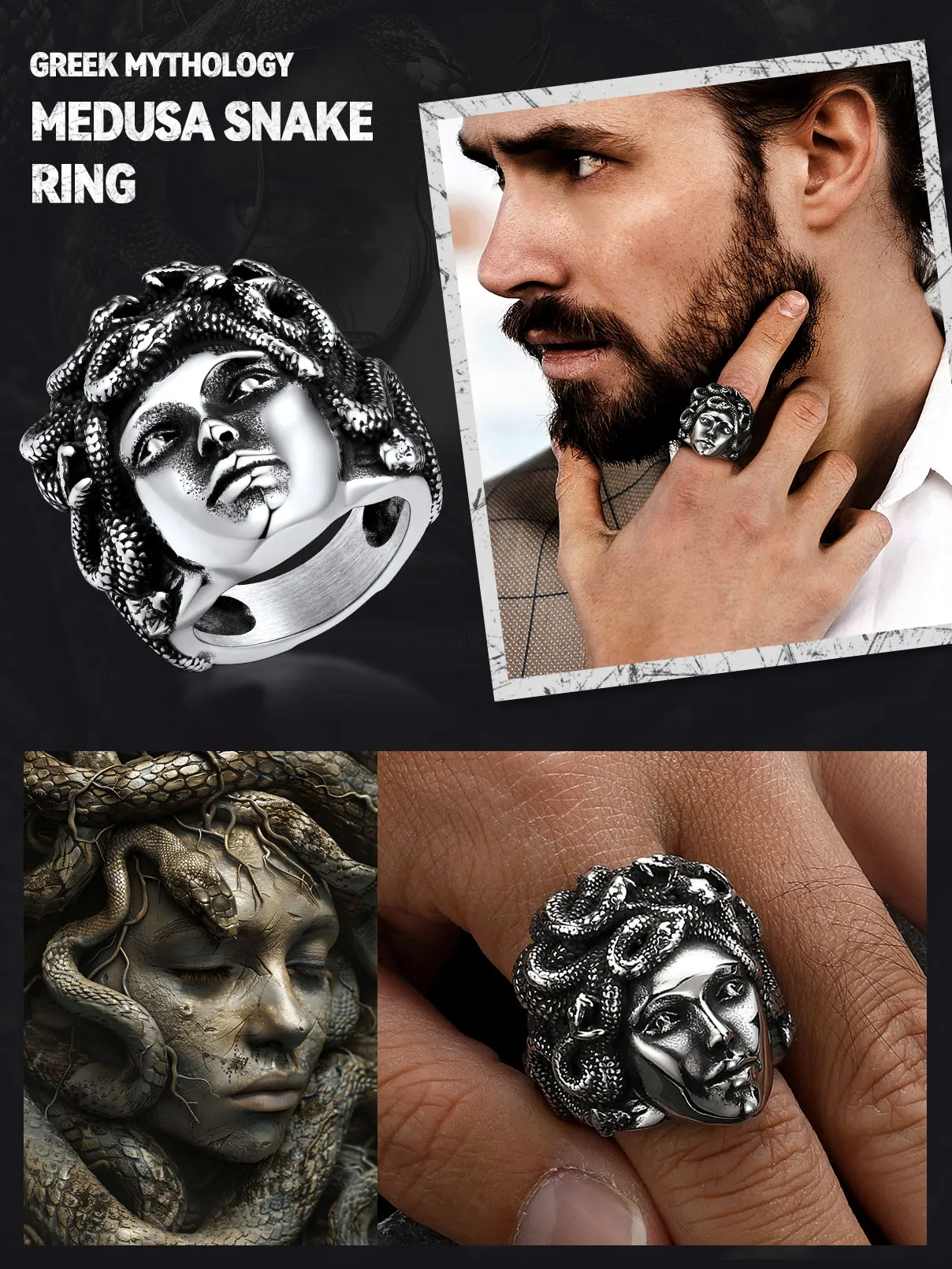 U7 Snake Rings for Man Woman 316L Stainless Steel Medusa Ouroboros Serpent Snake Bones Size 7-14 Gothic Ring Jewelry Gift Choice
