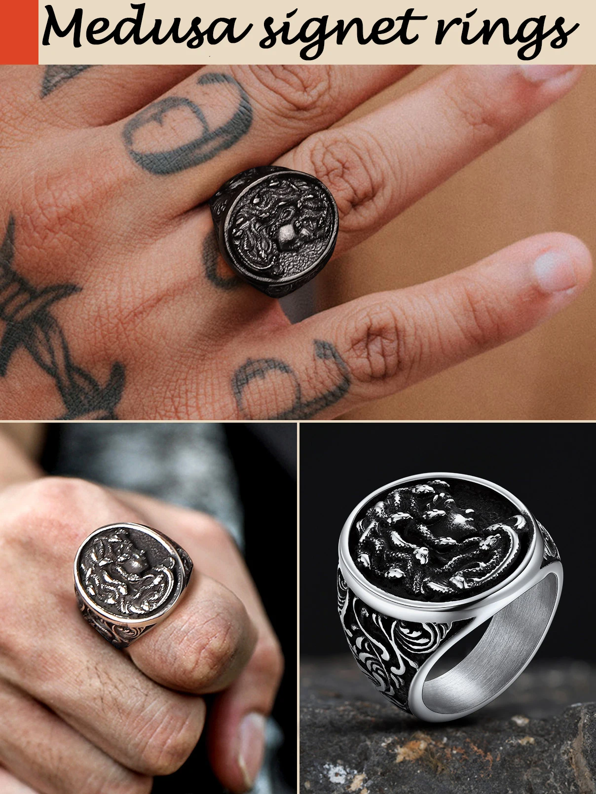 U7 Snake Rings for Man Woman 316L Stainless Steel Medusa Ouroboros Serpent Snake Bones Size 7-14 Gothic Ring Jewelry Gift Choice