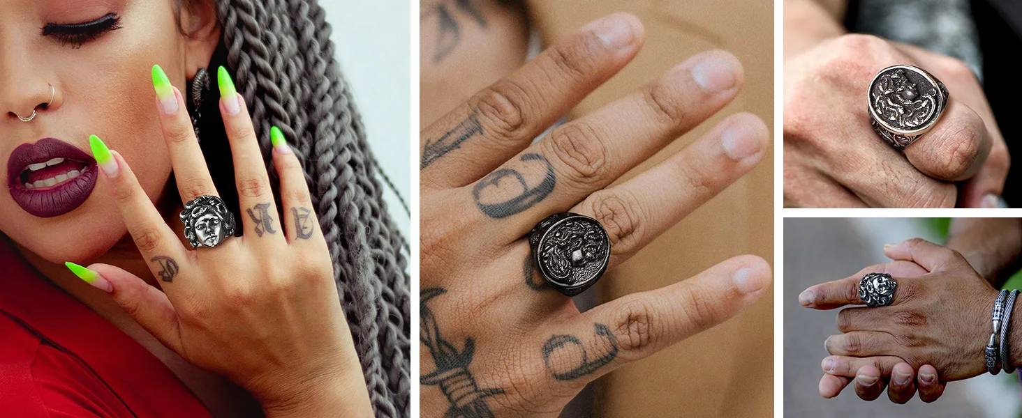 U7 Snake Rings for Man Woman 316L Stainless Steel Medusa Ouroboros Serpent Snake Bones Size 7-14 Gothic Ring Jewelry Gift Choice