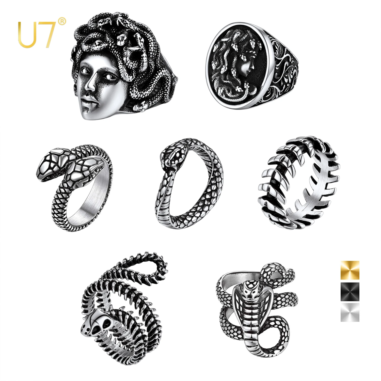 U7 Snake Rings for Man Woman 316L Stainless Steel Medusa Ouroboros Serpent Snake Bones Size 7-14 Gothic Ring Jewelry Gift Choice U7 Snake Rings for Man Woman 316L Stainless Steel Medusa Ouroboros Serpent Snake Bones Size 7-14 Gothic Ring Jewelry Gift Choice