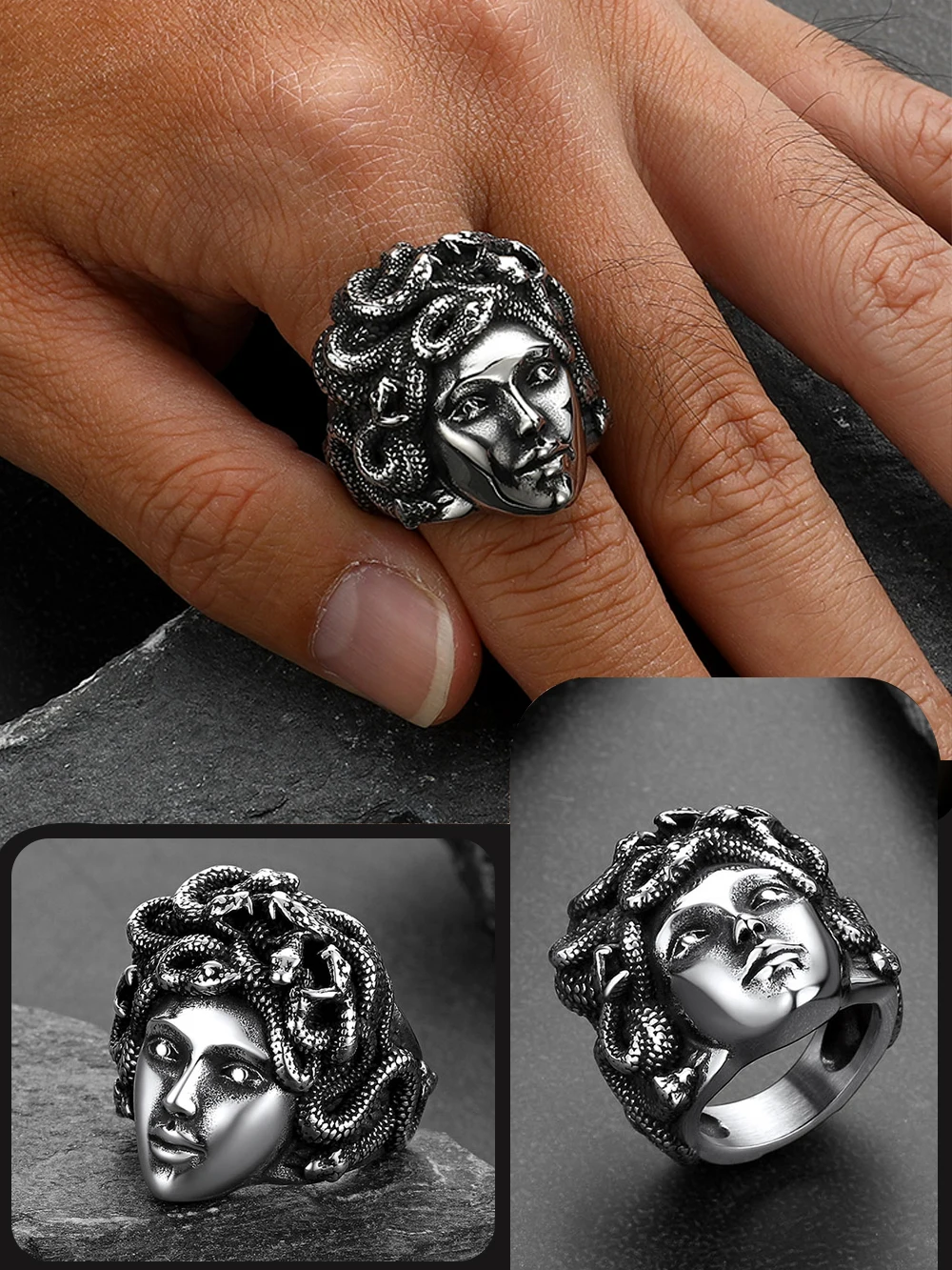 U7 Snake Rings for Man Woman 316L Stainless Steel Medusa Ouroboros Serpent Snake Bones Size 7-14 Gothic Ring Jewelry Gift Choice