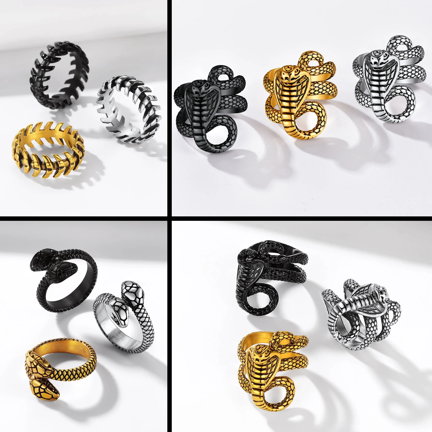 U7 Snake Rings for Man Woman 316L Stainless Steel Medusa Ouroboros Serpent Snake Bones Size 7-14 Gothic Ring Jewelry Gift Choice