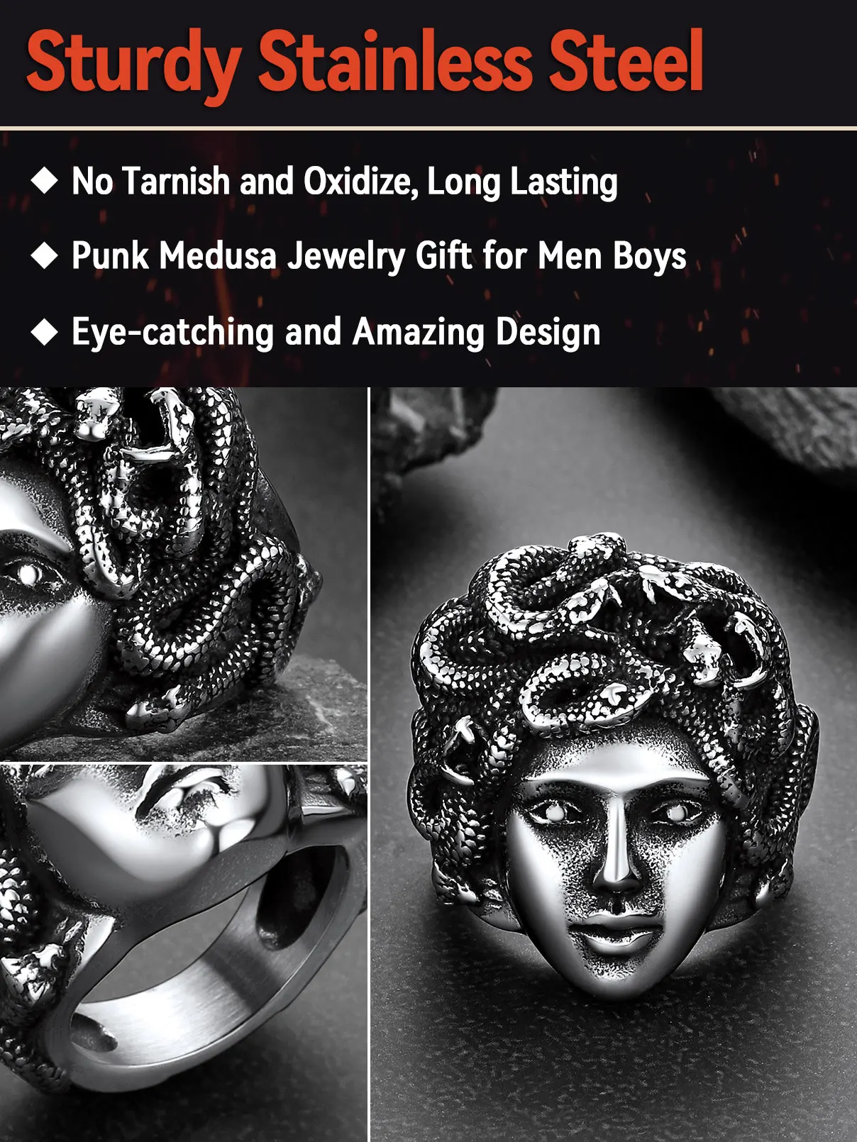 U7 Snake Rings for Man Woman 316L Stainless Steel Medusa Ouroboros Serpent Snake Bones Size 7-14 Gothic Ring Jewelry Gift Choice