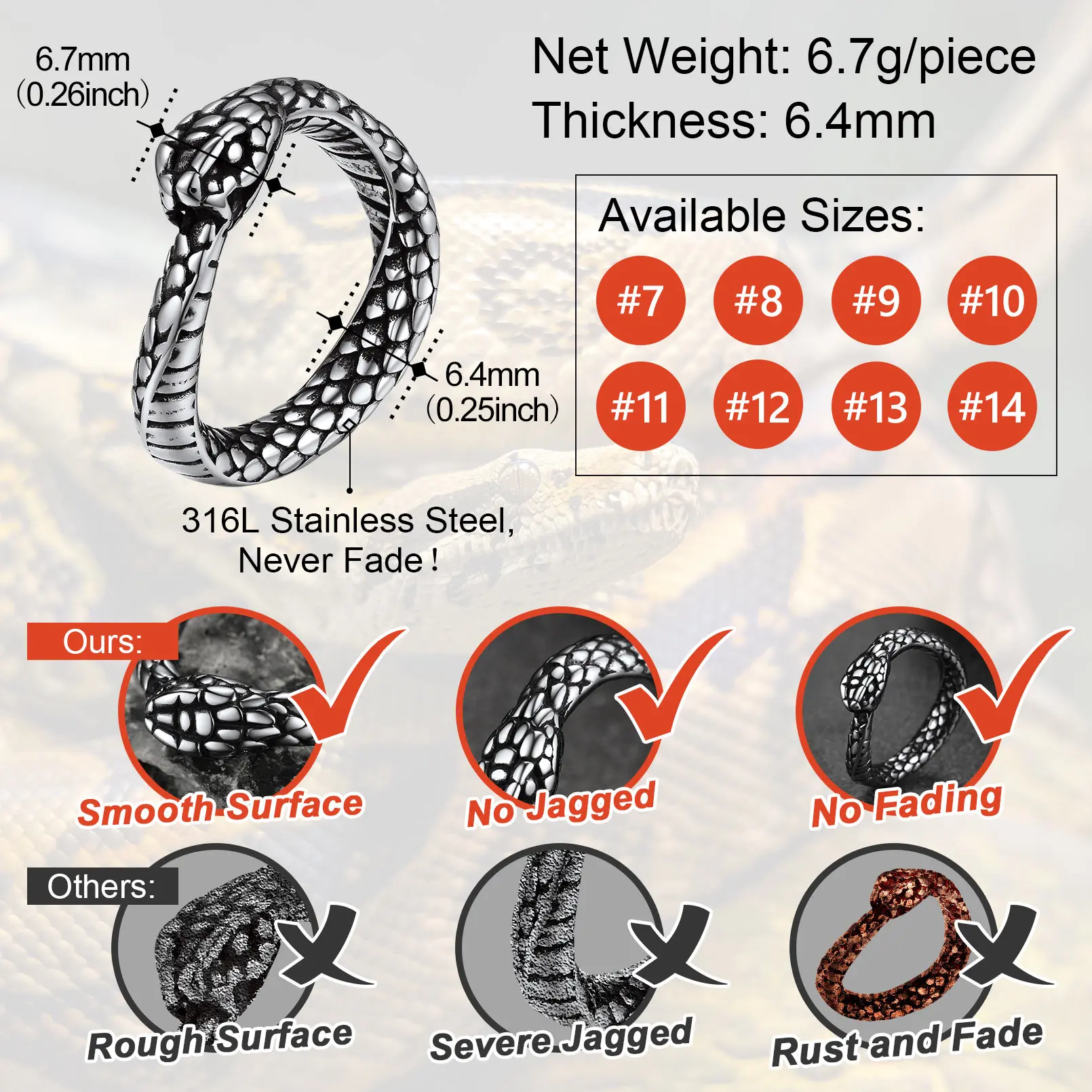 U7 Snake Rings for Man Woman 316L Stainless Steel Medusa Ouroboros Serpent Snake Bones Size 7-14 Gothic Ring Jewelry Gift Choice