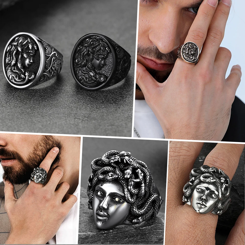 U7 Snake Rings for Man Woman 316L Stainless Steel Medusa Ouroboros Serpent Snake Bones Size 7-14 Gothic Ring Jewelry Gift Choice