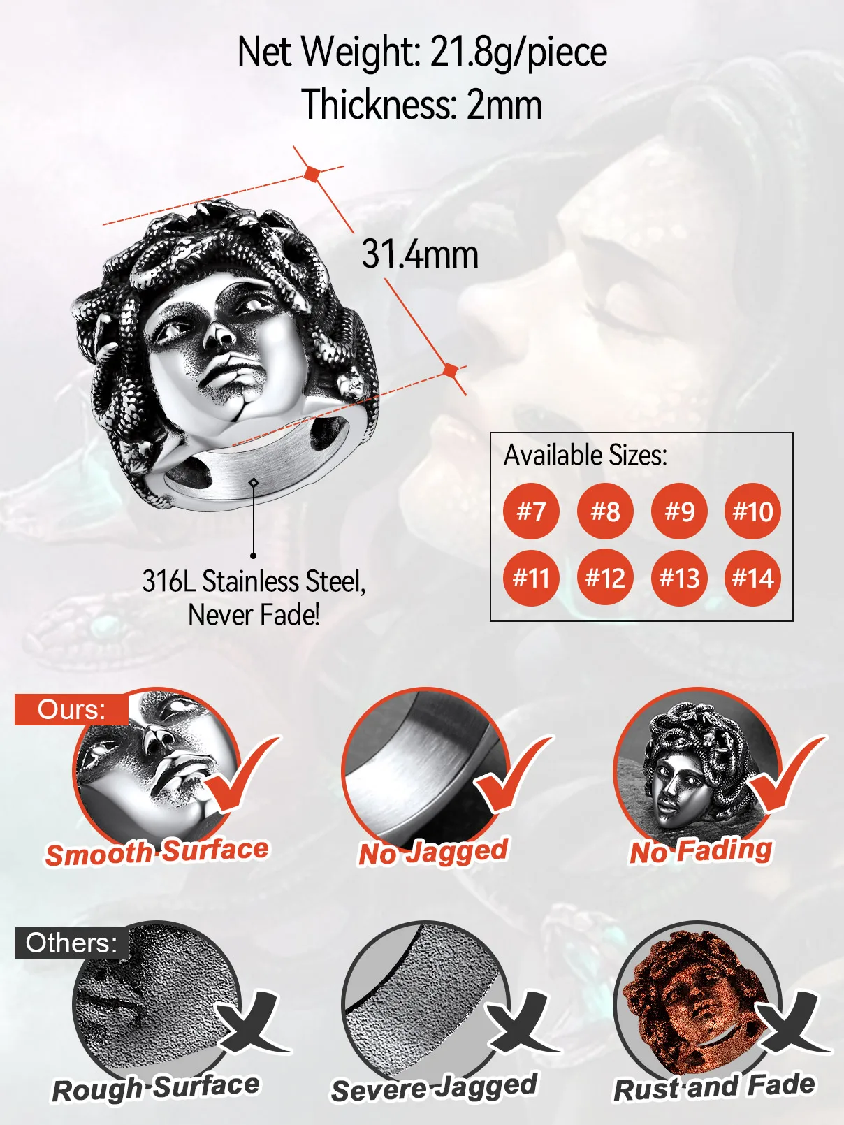U7 Snake Rings for Man Woman 316L Stainless Steel Medusa Ouroboros Serpent Snake Bones Size 7-14 Gothic Ring Jewelry Gift Choice