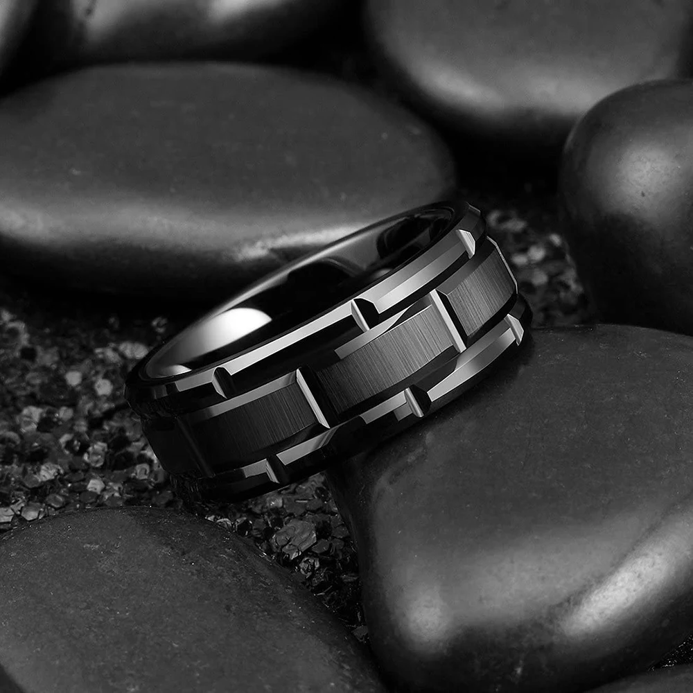2023 Trendy Men's 8mm Black Titanium Wedding Band Rings Double Black Groove Beveled Edge Stainless Steel Engagement Ring For Men 2023 Trendy Men's 8mm Black Titanium Wedding Band Rings Double Black Groove Beveled Edge Stainless Steel Engagement Ring For Men
