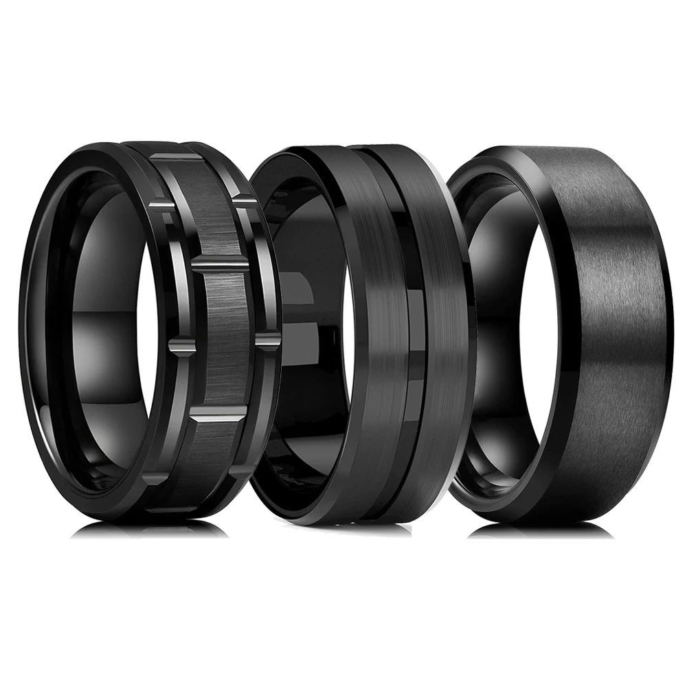 2023 Trendy Men's 8mm Black Titanium Wedding Band Rings Double Black Groove Beveled Edge Stainless Steel Engagement Ring For Men 2023 Trendy Men's 8mm Black Titanium Wedding Band Rings Double Black Groove Beveled Edge Stainless Steel Engagement Ring For Men