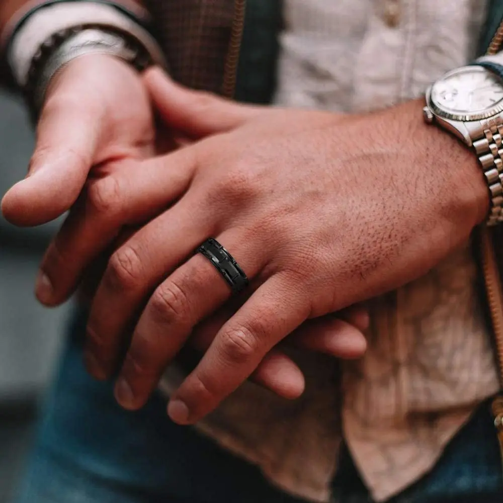 2023 Trendy Men's 8mm Black Titanium Wedding Band Rings Double Black Groove Beveled Edge Stainless Steel Engagement Ring For Men 2023 Trendy Men's 8mm Black Titanium Wedding Band Rings Double Black Groove Beveled Edge Stainless Steel Engagement Ring For Men