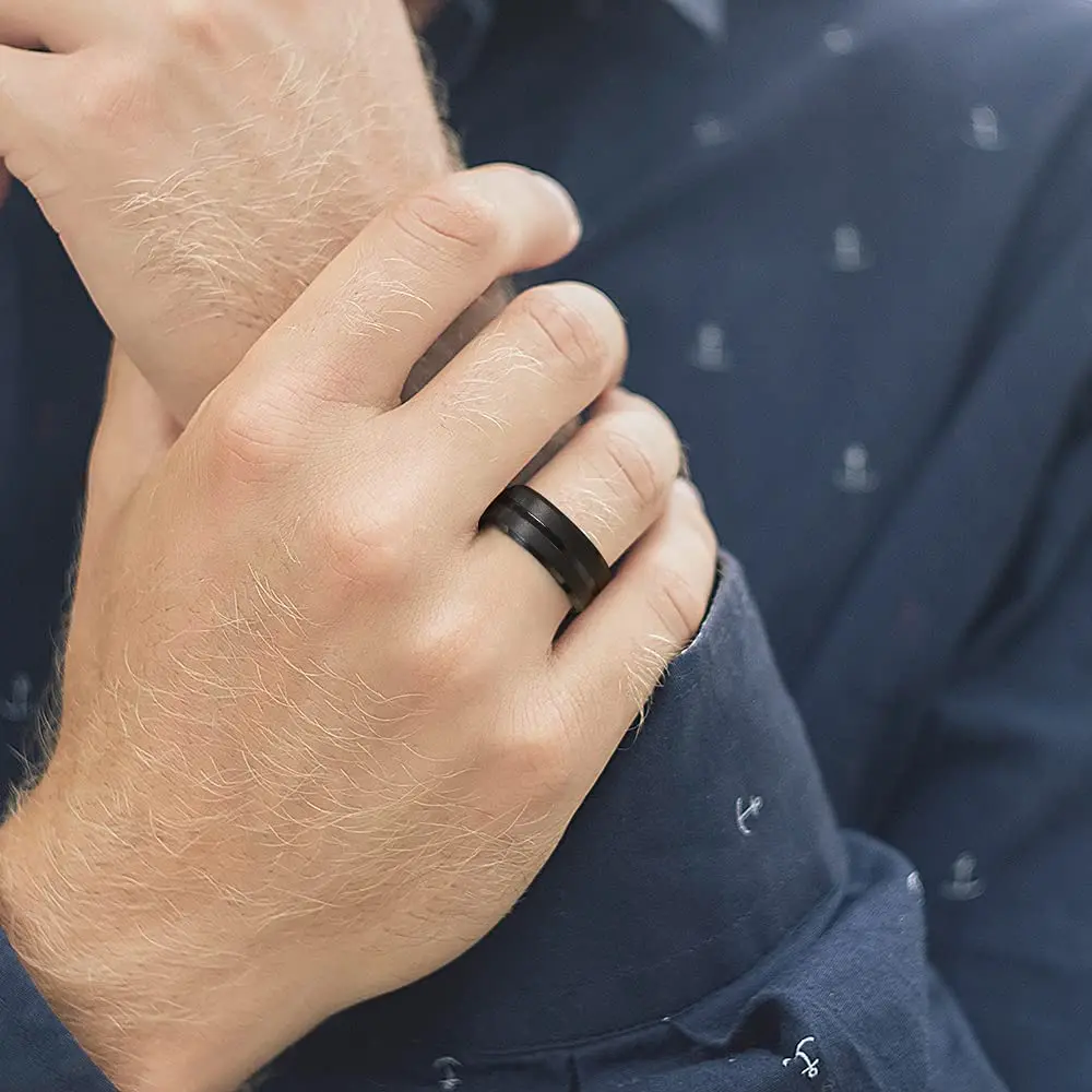 2023 Trendy Men's 8mm Black Titanium Wedding Band Rings Double Black Groove Beveled Edge Stainless Steel Engagement Ring For Men 2023 Trendy Men's 8mm Black Titanium Wedding Band Rings Double Black Groove Beveled Edge Stainless Steel Engagement Ring For Men