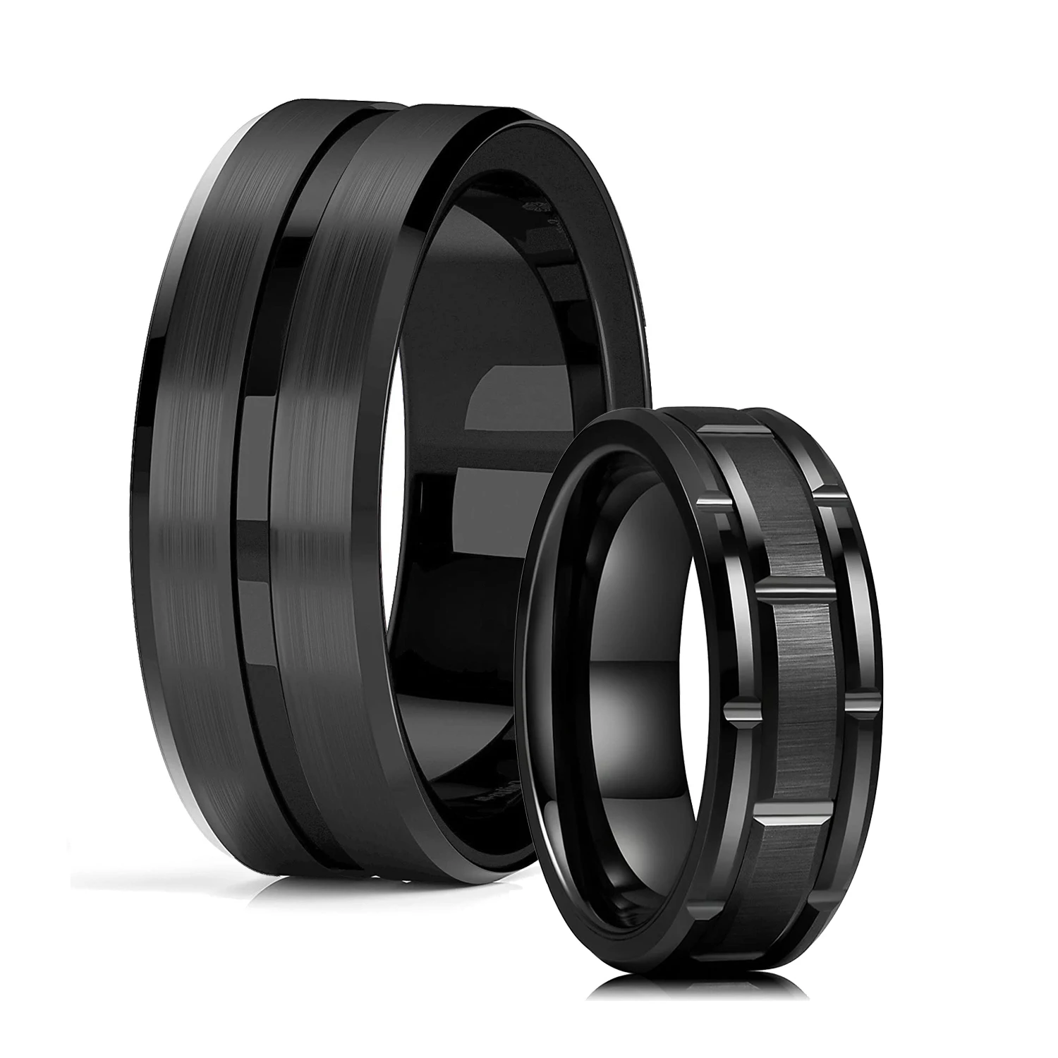 2023 Trendy Men's 8mm Black Titanium Wedding Band Rings Double Black Groove Beveled Edge Stainless Steel Engagement Ring For Men 2023 Trendy Men's 8mm Black Titanium Wedding Band Rings Double Black Groove Beveled Edge Stainless Steel Engagement Ring For Men