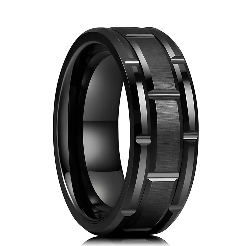 2023 Trendy Men’s 8mm Black Titanium Wedding Band Rings Double Black Groove Beveled Edge Stainless Steel Engagement Ring For Men 2023 Trendy Men's 8mm Black Titanium Wedding Band Rings Double Black Groove Beveled Edge Stainless Steel Engagement Ring For Men