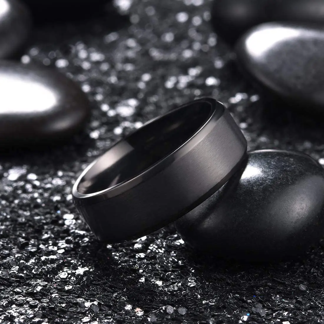 2023 Trendy Men's 8mm Black Titanium Wedding Band Rings Double Black Groove Beveled Edge Stainless Steel Engagement Ring For Men 2023 Trendy Men's 8mm Black Titanium Wedding Band Rings Double Black Groove Beveled Edge Stainless Steel Engagement Ring For Men