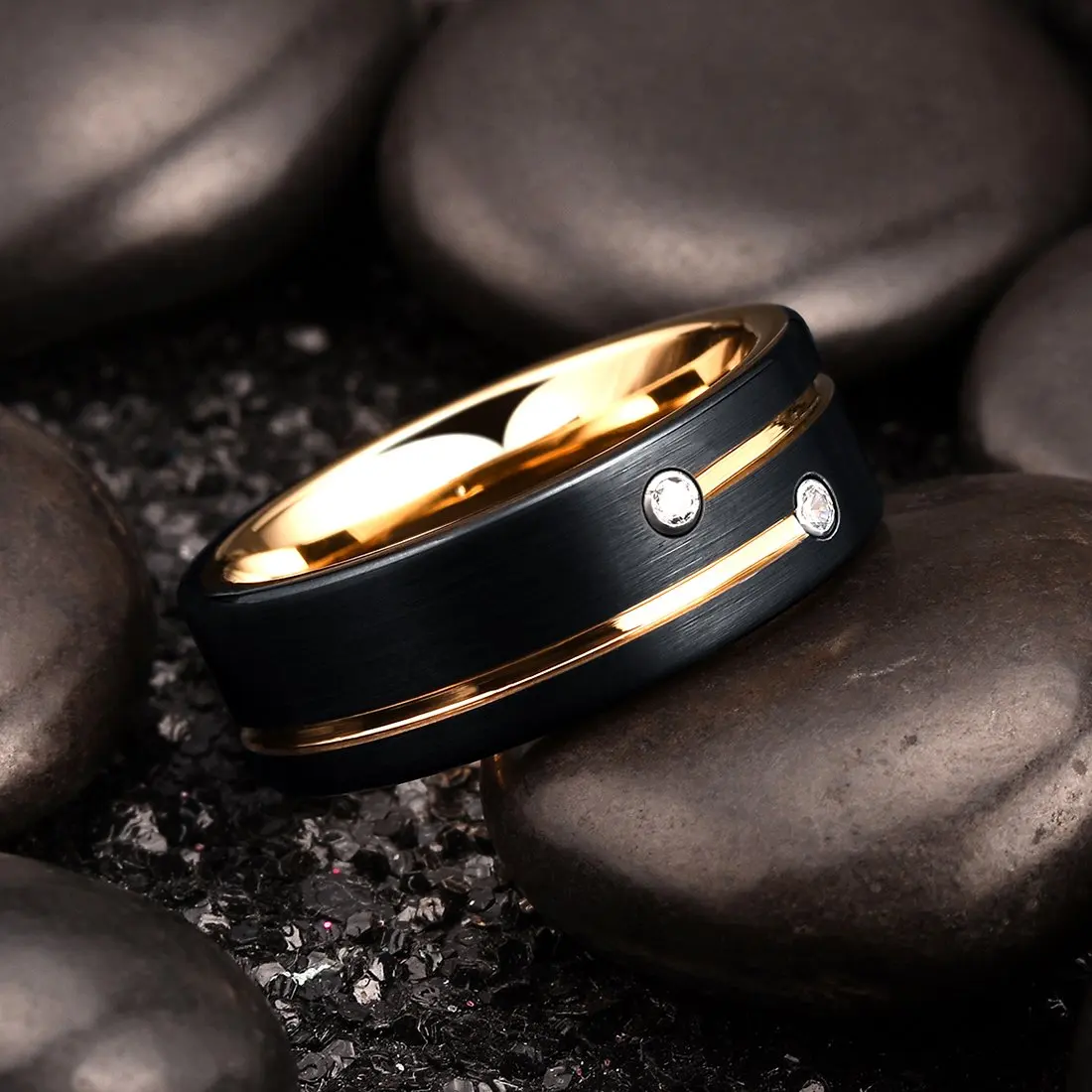 2023 Trendy Men's 8mm Black Titanium Wedding Band Rings Double Black Groove Beveled Edge Stainless Steel Engagement Ring For Men 2023 Trendy Men's 8mm Black Titanium Wedding Band Rings Double Black Groove Beveled Edge Stainless Steel Engagement Ring For Men