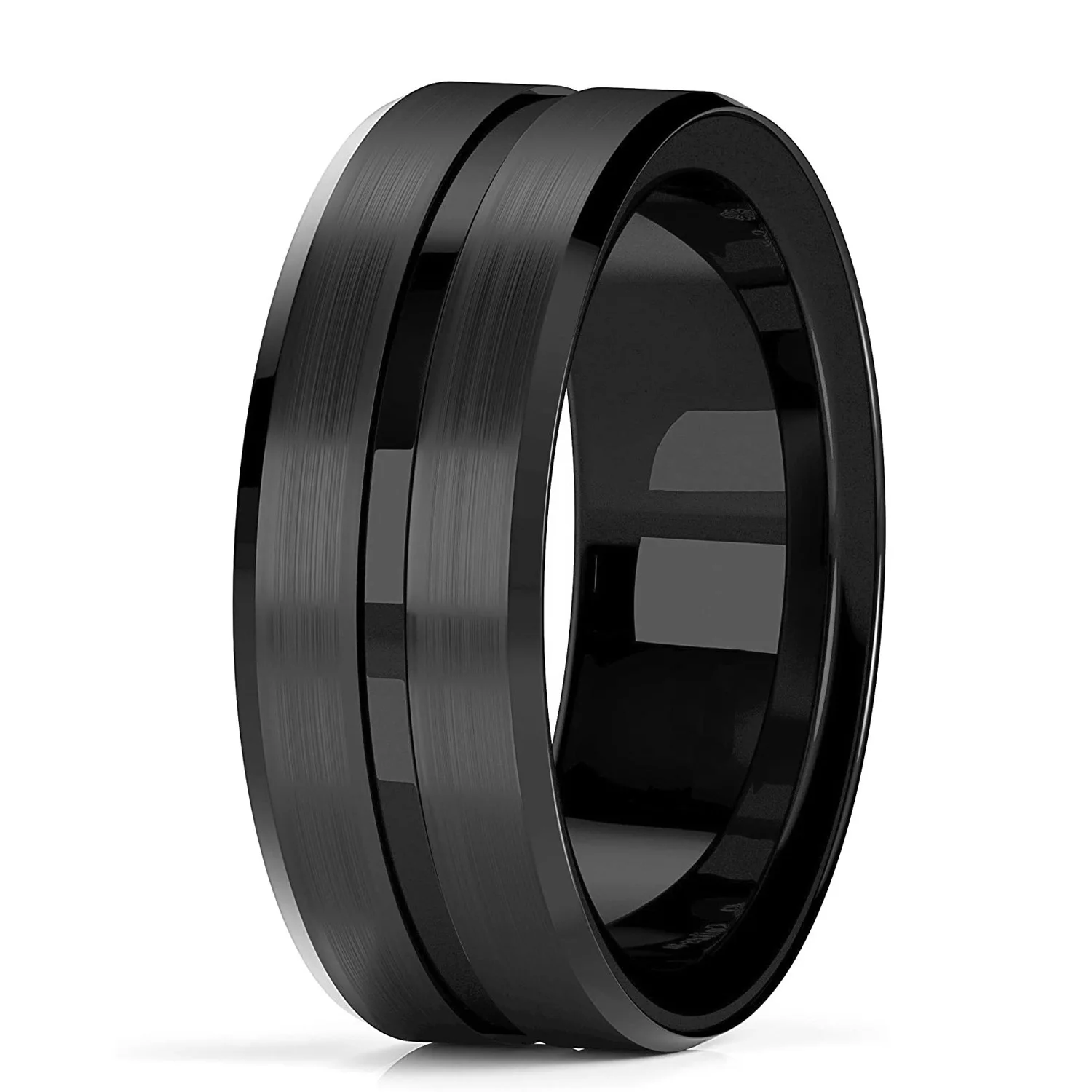 2023 Trendy Men's 8mm Black Titanium Wedding Band Rings Double Black Groove Beveled Edge Stainless Steel Engagement Ring For Men 2023 Trendy Men's 8mm Black Titanium Wedding Band Rings Double Black Groove Beveled Edge Stainless Steel Engagement Ring For Men