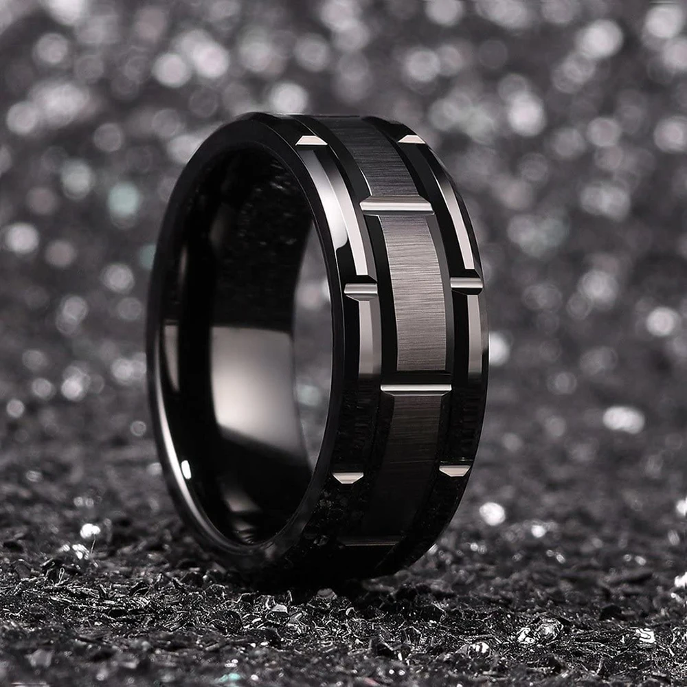2023 Trendy Men's 8mm Black Titanium Wedding Band Rings Double Black Groove Beveled Edge Stainless Steel Engagement Ring For Men 2023 Trendy Men's 8mm Black Titanium Wedding Band Rings Double Black Groove Beveled Edge Stainless Steel Engagement Ring For Men