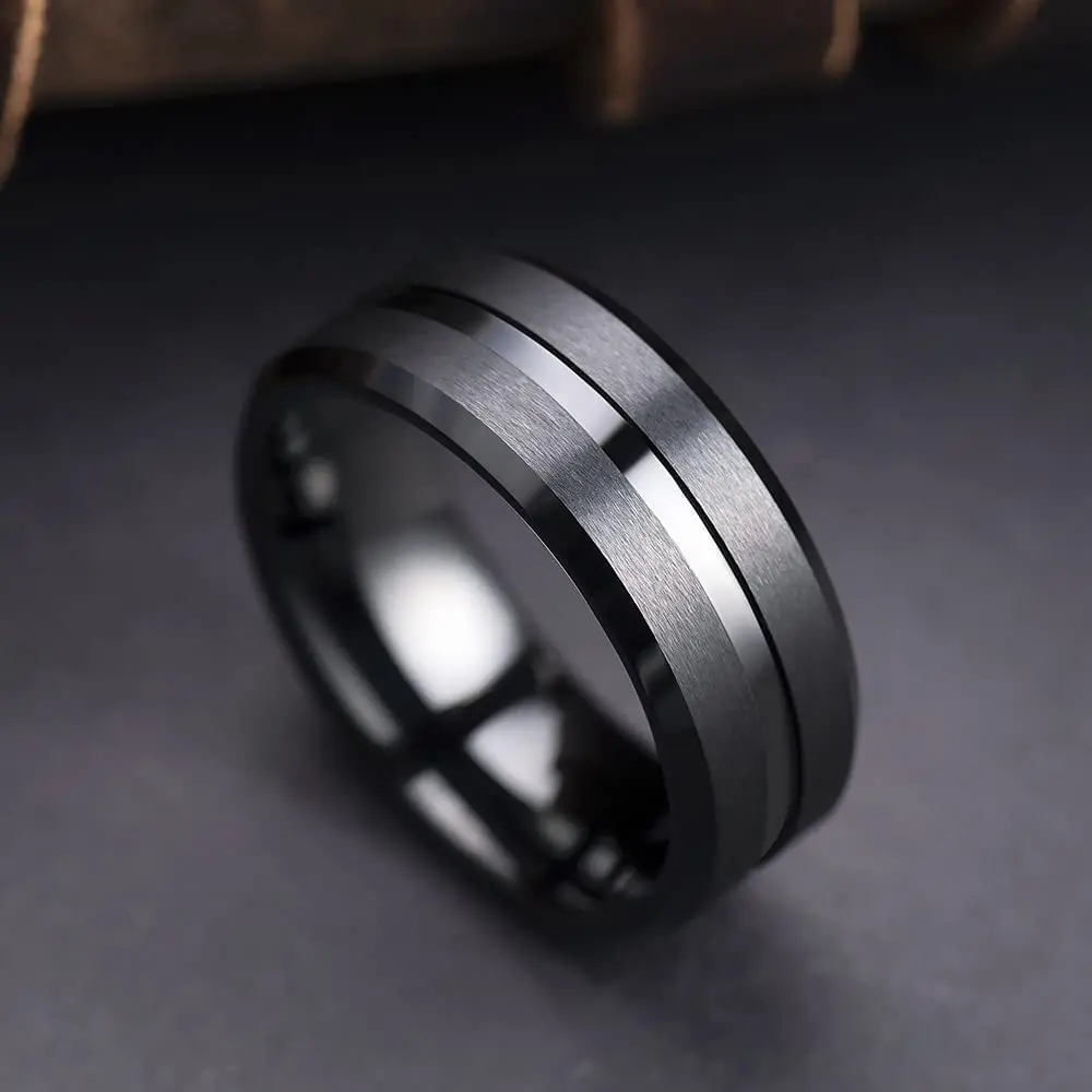 2023 Trendy Men's 8mm Black Titanium Wedding Band Rings Double Black Groove Beveled Edge Stainless Steel Engagement Ring For Men 2023 Trendy Men's 8mm Black Titanium Wedding Band Rings Double Black Groove Beveled Edge Stainless Steel Engagement Ring For Men