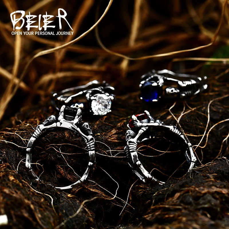 BEIER 316L stainless steel Simple men and women skull rings Fashion Inlaid Red/Blue/Black/white Stone jewelry BR8-907 BEIER 316L stainless steel Simple men and women skull rings Fashion Inlaid Red/Blue/Black/white Stone jewelry BR8-907