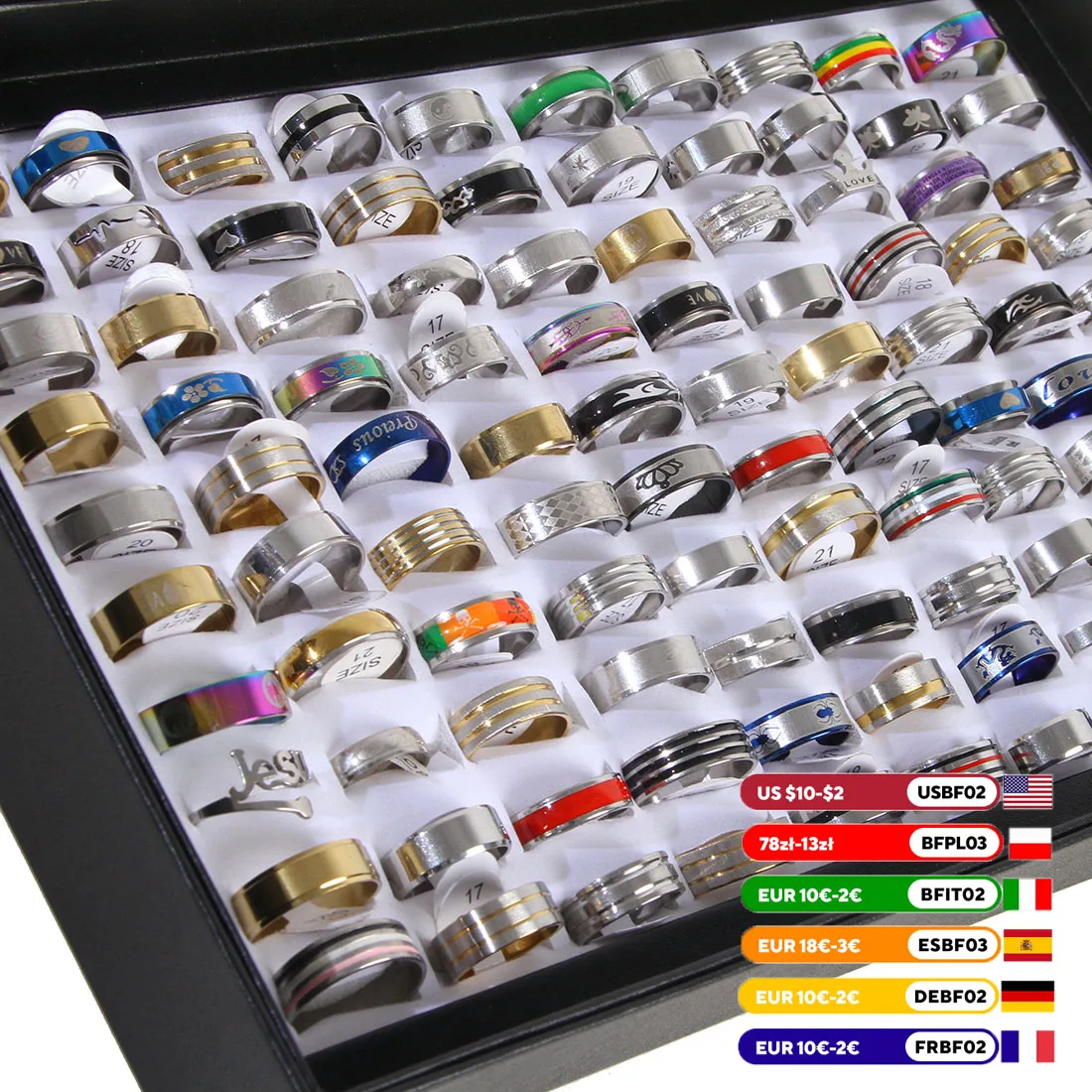 100pcs Mixed Rings Wholesale Lot Bulk Finger Band Rings for Men Women Birthday Jewelry Gift with Box 100pcs Mixed Rings Wholesale Lot Bulk Finger Band Rings for Men Women Birthday Jewelry Gift with Box