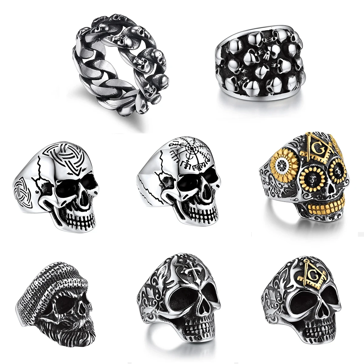 U7 Stainless Steel Big Skull Rings for Man Woman Size 7-14 Cross 3D Skeleton Cuban Chain Celtic Knot Pattern Gothic Punk Jewelry U7 Stainless Steel Big Skull Rings for Man Woman Size 7-14 Cross 3D Skeleton Cuban Chain Celtic Knot Pattern Gothic Punk Jewelry