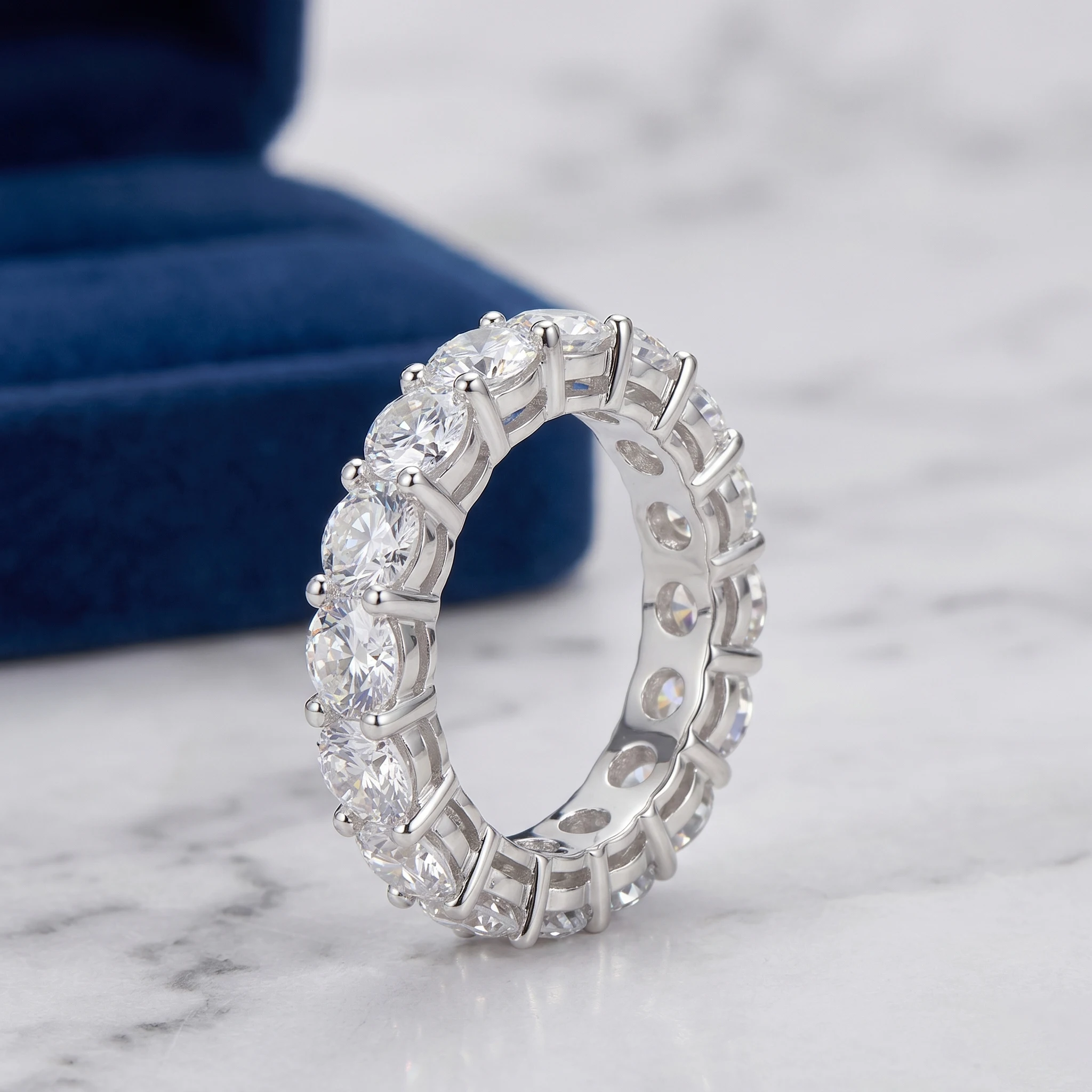 D Color Full Eternity Round Moissanite Ring, 925 Sterling Silver, Prong Setting, Unisex, Light Luxury Gift, With Certificate