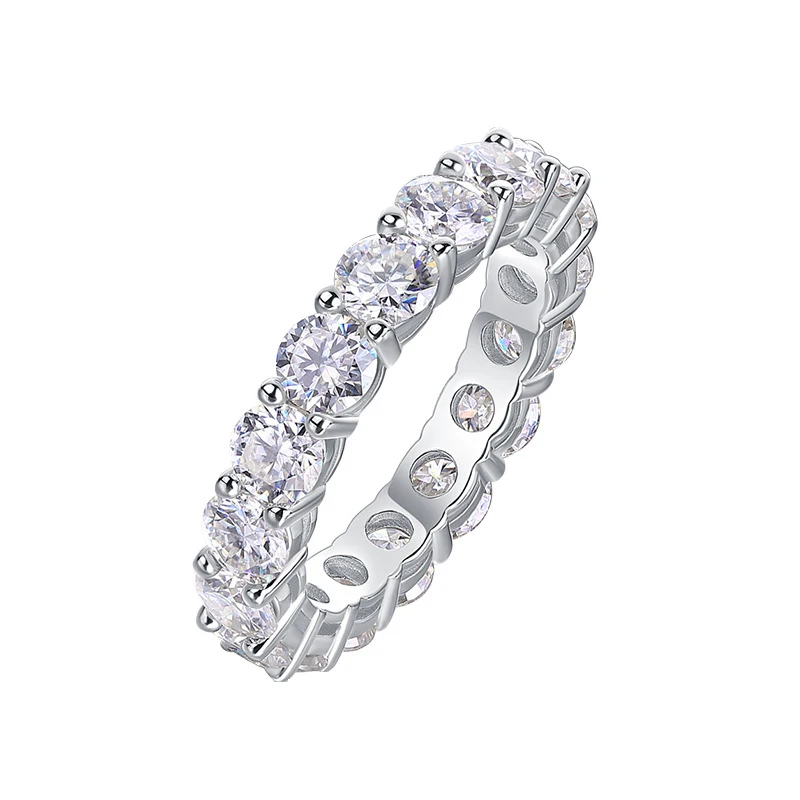 D Color Full Eternity Round Moissanite Ring, 925 Sterling Silver, Prong Setting, Unisex, Light Luxury Gift, With Certificate