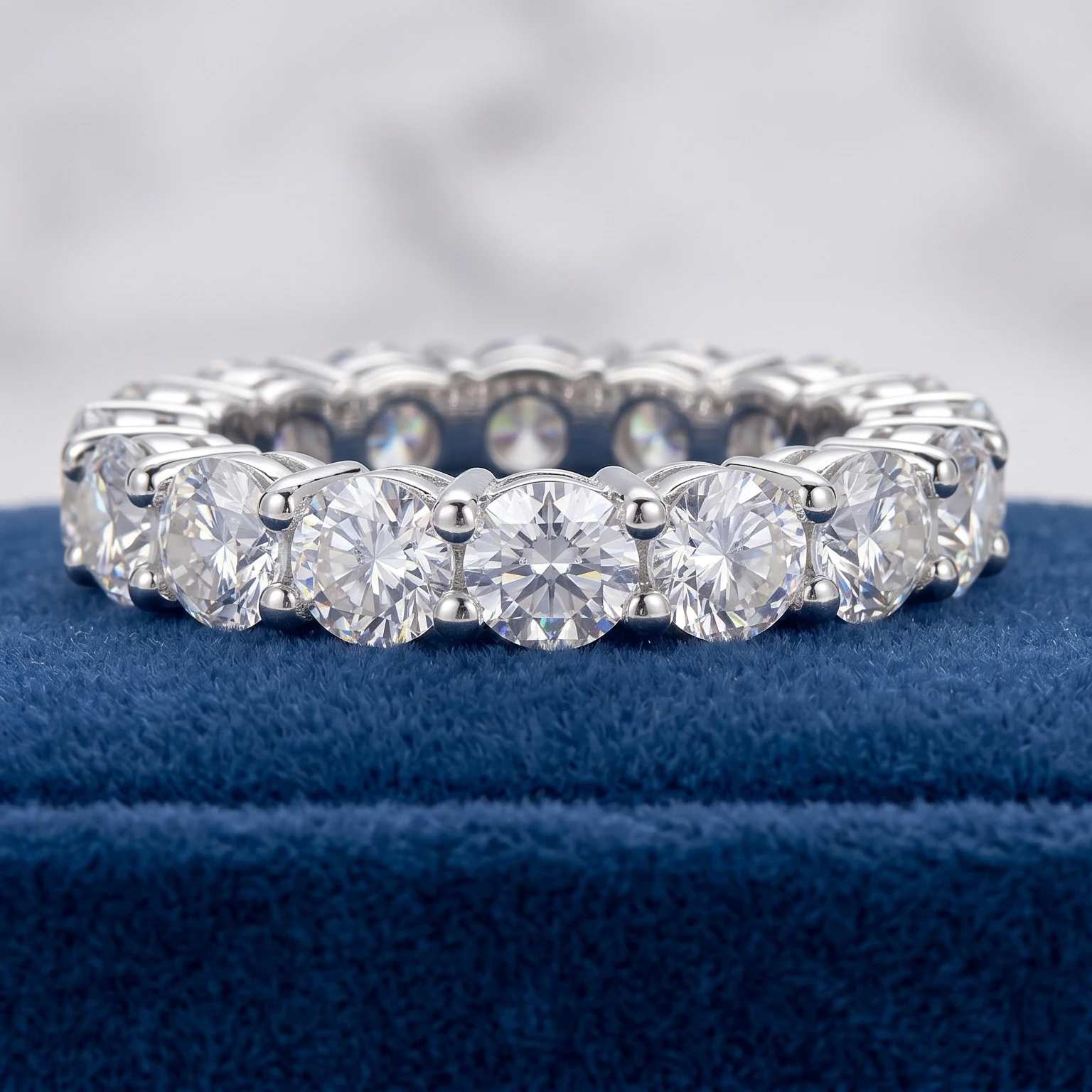 D Color Full Eternity Round Moissanite Ring, 925 Sterling Silver, Prong Setting, Unisex, Light Luxury Gift, With Certificate