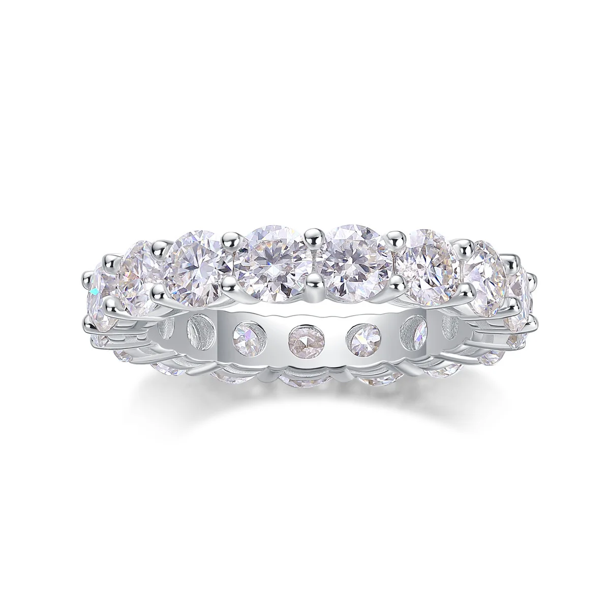 D Color Full Eternity Round Moissanite Ring, 925 Sterling Silver, Prong Setting, Unisex, Light Luxury Gift, With Certificate