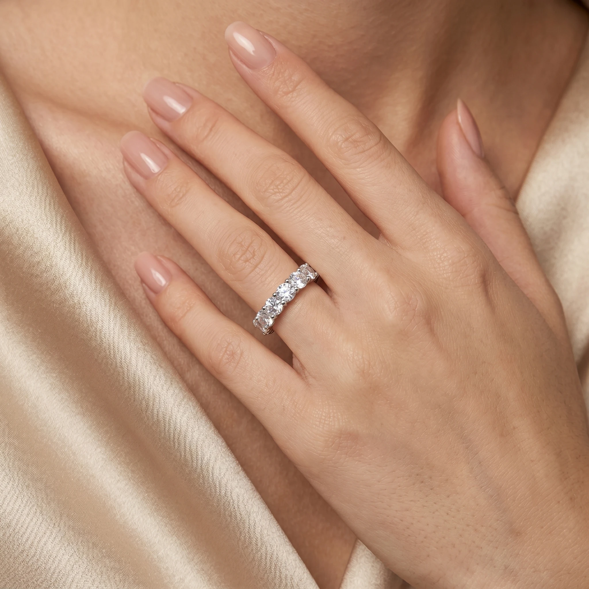 D Color Full Eternity Round Moissanite Ring, 925 Sterling Silver, Prong Setting, Unisex, Light Luxury Gift, With Certificate