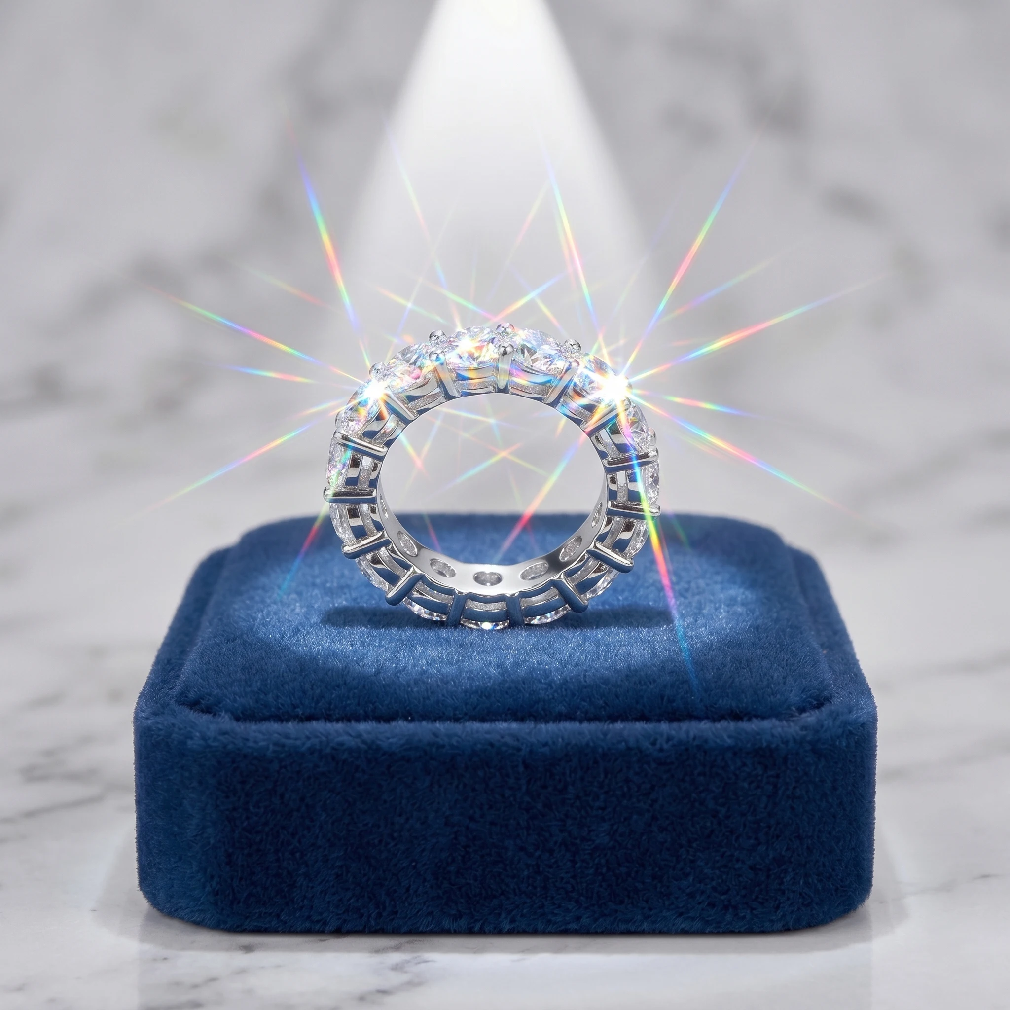 D Color Full Eternity Round Moissanite Ring, 925 Sterling Silver, Prong Setting, Unisex, Light Luxury Gift, With Certificate