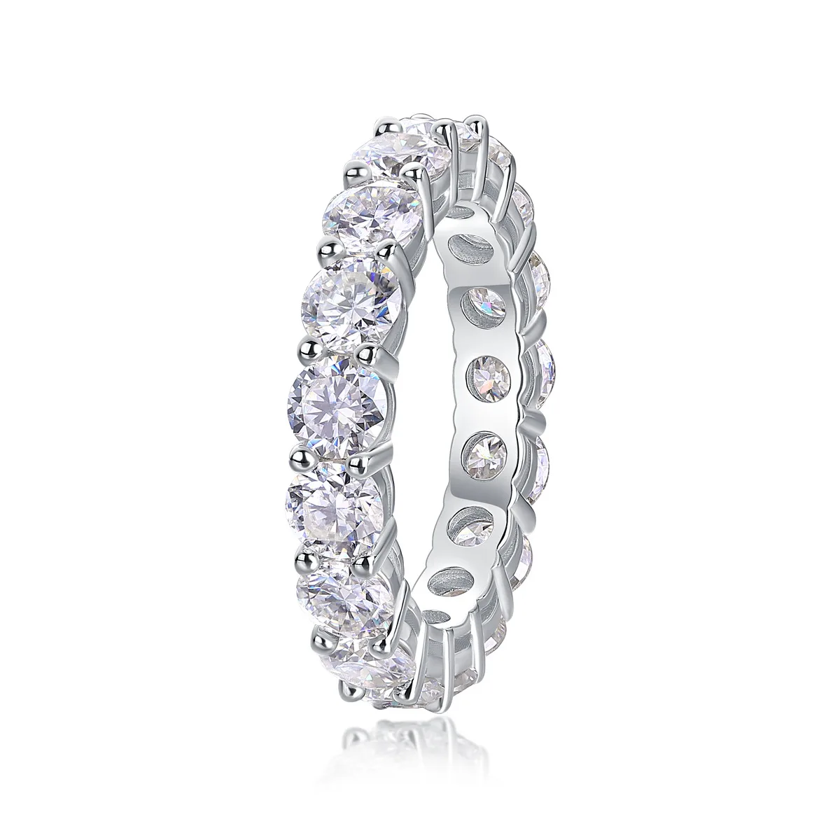 D Color Full Eternity Round Moissanite Ring, 925 Sterling Silver, Prong Setting, Unisex, Light Luxury Gift, With Certificate